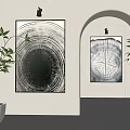 Contemporary Interior Featuring Tree Ring Artworks White Walls Arched Doorway And Green Plant