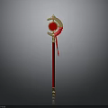 Ornate Red And Gold Magic Staff With Sphere Accent And Ribbon Decoration