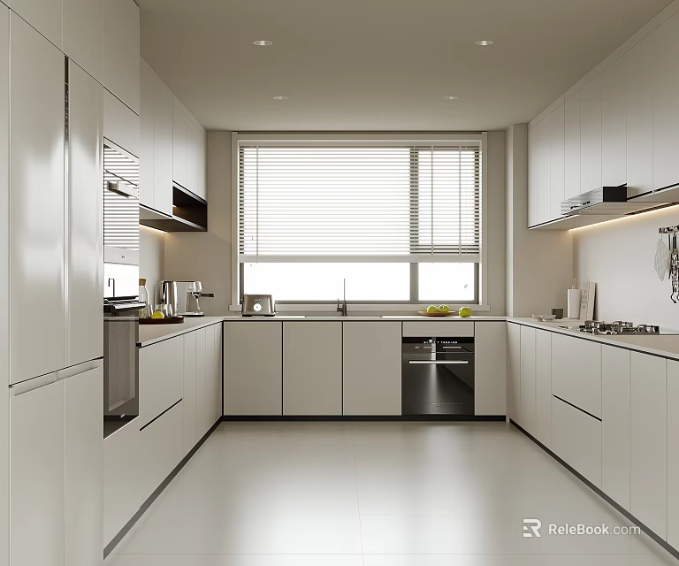 Sleek Modern White Kitchen Interior With Cabinets Window Countertop And Appliances 3d model