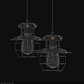 Two Industrial Style Black Metal Frame Pendant Lights With Vintage Bulbs On Dark Background