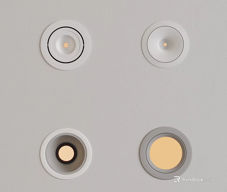 Recessed Lights With Different Borders Installed On White Ceiling With Warm Light 3d model 