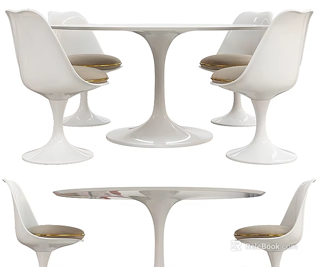Modern White Dining Table and Chair Set with Round Top and Gold Cushions 3d model 
