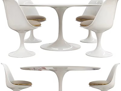 Modern White Dining Table and Chair Set with Round Top and Gold Cushions 3d model