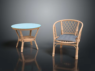 Rattan Leisure Chair With Gray Cushion And Light Blue Round Side Table 3d model