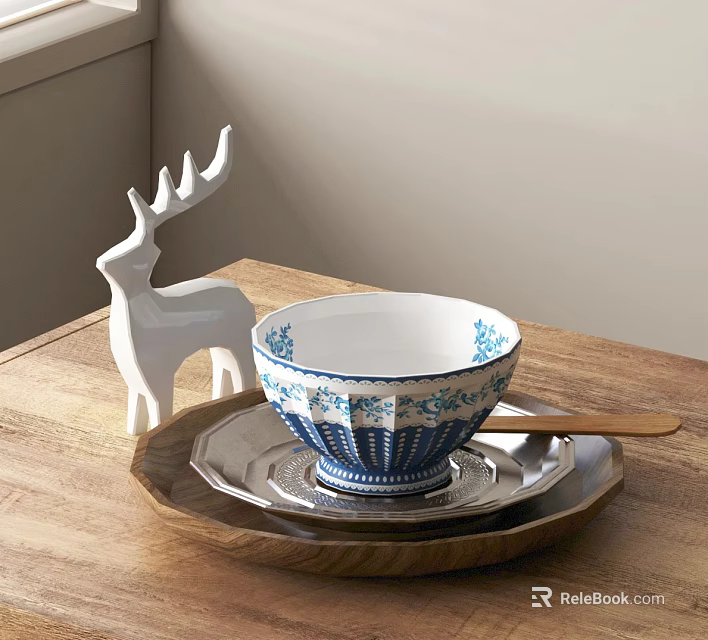 Dinnerware Set Blue And White Patterned Bowl With Silver Tray On Wooden Table 3d model