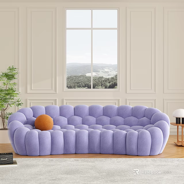 Purple Multi Person Sofa With Tufted Design Orange Pillow By Window With Mountain View 3d model 
