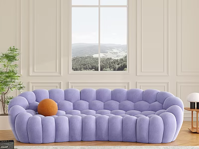 Purple Multi Person Sofa With Tufted Design Orange Pillow By Window With Mountain View 3d model
