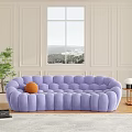 Purple Multi Person Sofa With Tufted Design Orange Pillow By Window With Mountain View