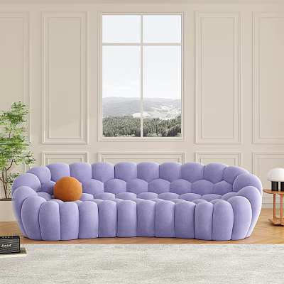 Purple Multi Person Sofa With Tufted Design Orange Pillow By Window With Mountain View 3d model