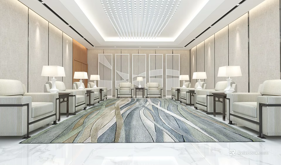 Elegant Modern Reception Lounge With White Sofas Chairs Artistic Rug And Ceiling Lights 3d model