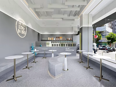 Modern Milk Tea Shop Interior Design With Round Tables High Stools And Drink Display Shelves 3d model