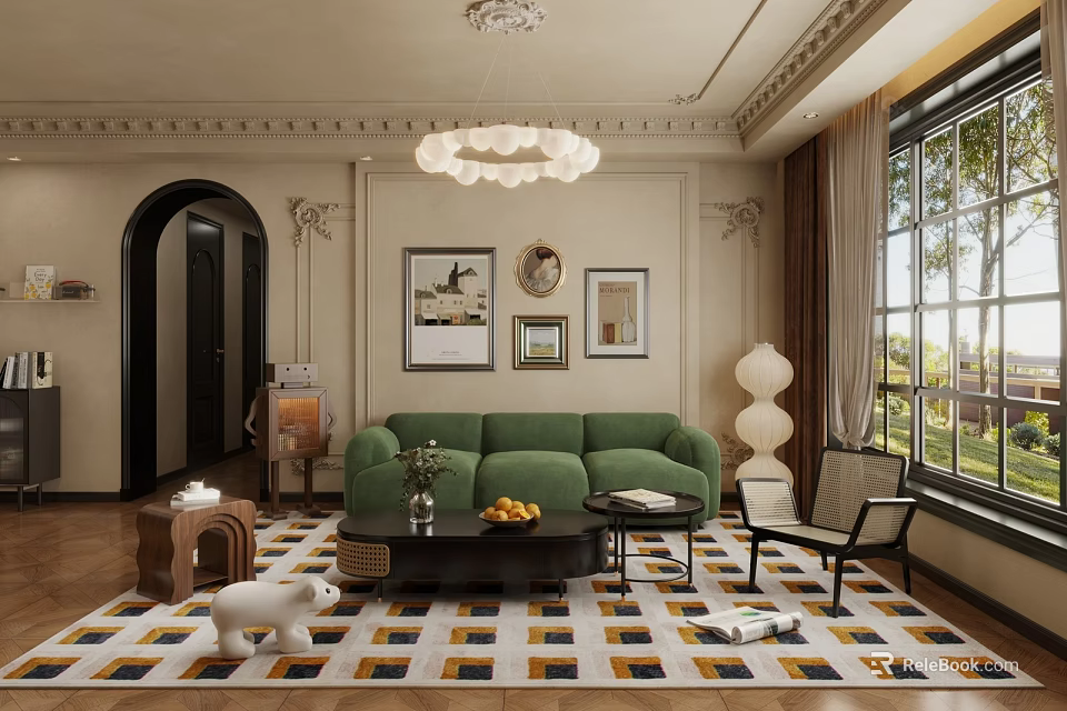 Stylish Living Dining Room Interior With Green Sofa Chandelier Geometric Rug And Framed Wall Art 3d model 
