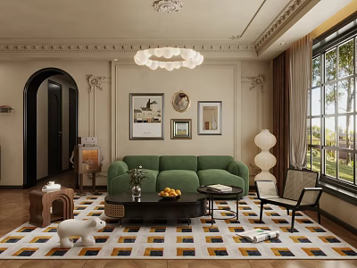 Stylish Living Dining Room Interior With Green Sofa Chandelier Geometric Rug And Framed Wall Art 3d model