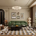 Stylish Living Dining Room Interior With Green Sofa Chandelier Geometric Rug And Framed Wall Art