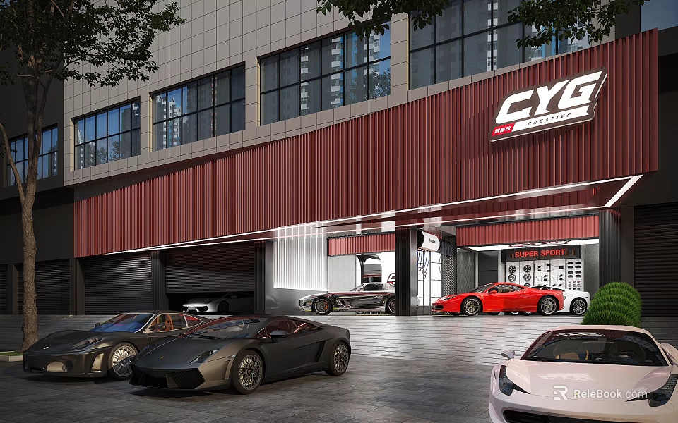 CYG Luxury Car Dealership Modern Exterior With Sports Cars On 3d model 
