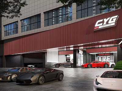 CYG Luxury Car Dealership Modern Exterior With Sports Cars On 3d model