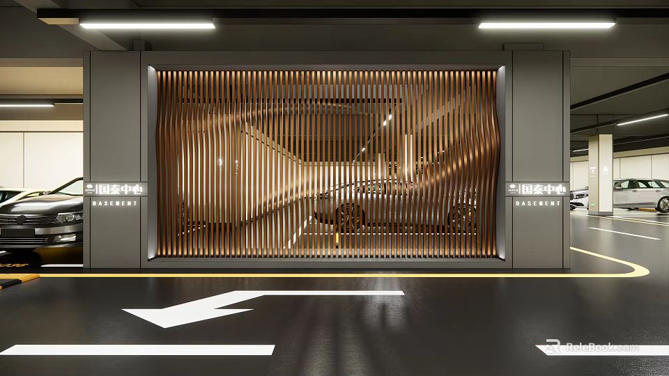 Wooden Slatted Feature Wall Design in Parking Garage with Car View 3d model 