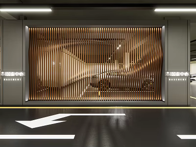 Wooden Slatted Feature Wall Design in Parking Garage with Car View 3d model