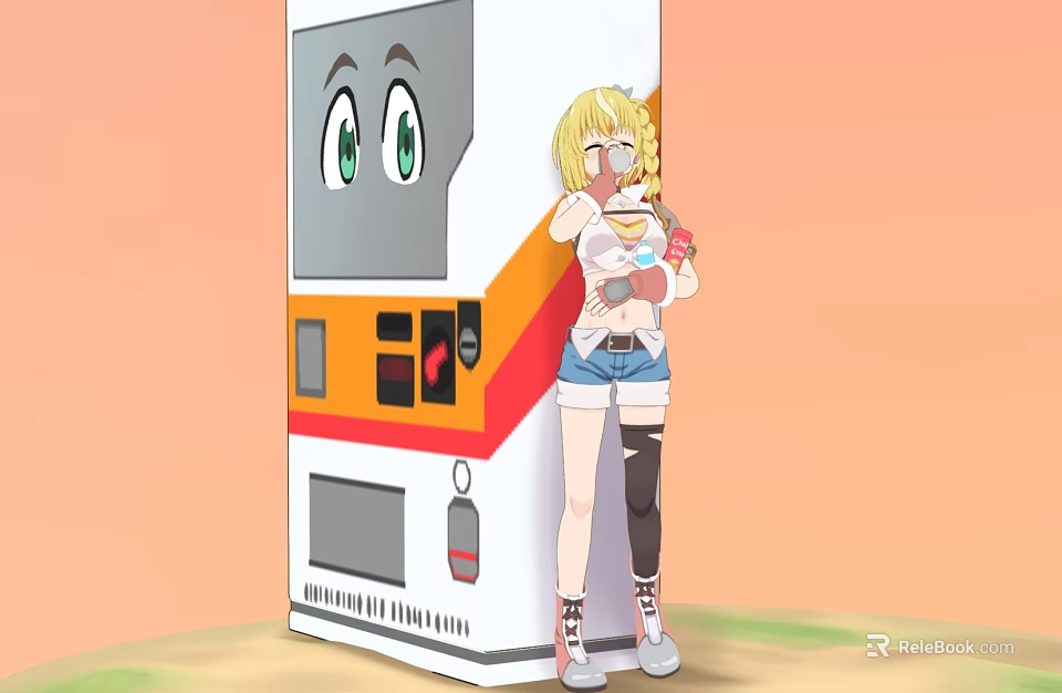 Anime Character With Blonde Hair Holding Plush Toy Next To Vending Machine With Cartoon Face 3d model 