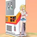 Anime Character With Blonde Hair Holding Plush Toy Next To Vending Machine With Cartoon Face