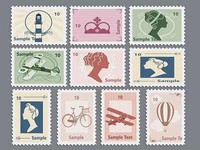 Vintage Stamps Collection With Lighthouse Crown Female Silhouette Airplane Bicycle And Hot Air Balloon Designs 3d model