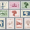 Vintage Stamps Collection With Lighthouse Crown Female Silhouette Airplane Bicycle And Hot Air Balloon Designs
