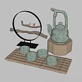 Traditional Japanese Style Tea Set With Teapot Cups Bamboo Mat And Wooden Base