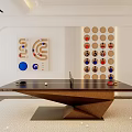 Indoor Sports Equipment Featuring Black Ping Pong Table With Wooden Base And Wall Decorative Panels
