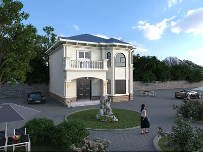 Two Story Detached Villa With Light Exterior Blue Roof Balcony Arched Windows And Garden 3d model