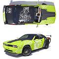 Dodge Green And Black Sports Car With White Floral Patterns And Racing Spoiler