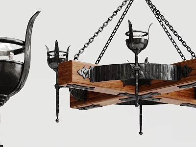 Vintage Industrial Wooden Frame Metal Chandelier with Hanging Chains and Decorative Elements 3d model