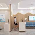 Modern Shop Reception With White Counter Blue Waiting Chairs Decorative Paintings And Ceiling Lighting
