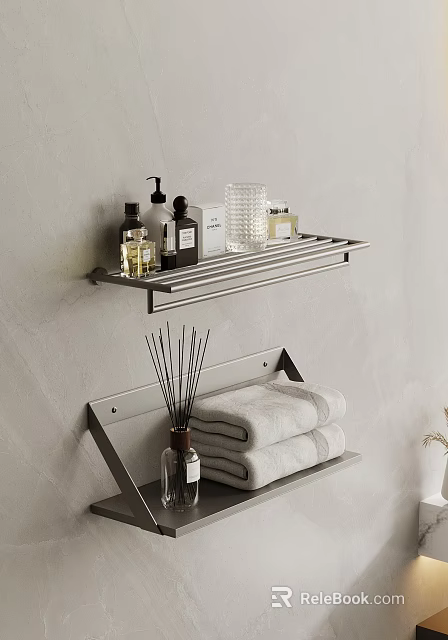 Practical Wall Mounted Bathroom Storage Shelf with Toiletries Glass Bottles Towels and Aromatherapy Sticks 3d model 