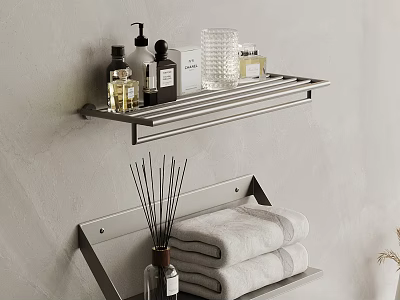 Practical Wall Mounted Bathroom Storage Shelf with Toiletries Glass Bottles Towels and Aromatherapy Sticks 3d model