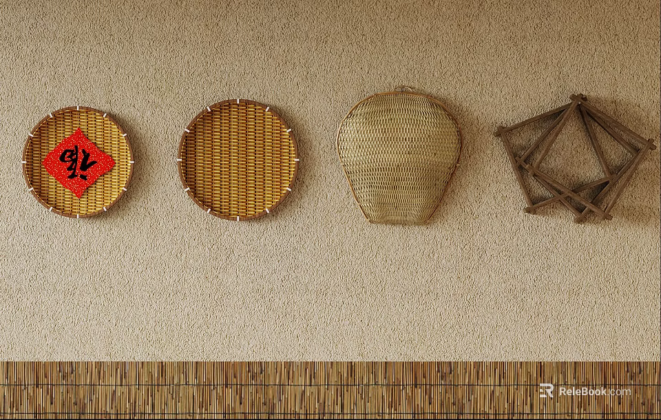 Traditional Chinese Bamboo Woven Decorations Hanging On Beige Wall With Fortune Symbol 3d model 