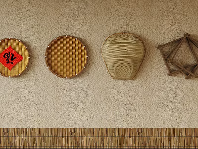 Traditional Chinese Bamboo Woven Decorations Hanging On Beige Wall With Fortune Symbol 3d model