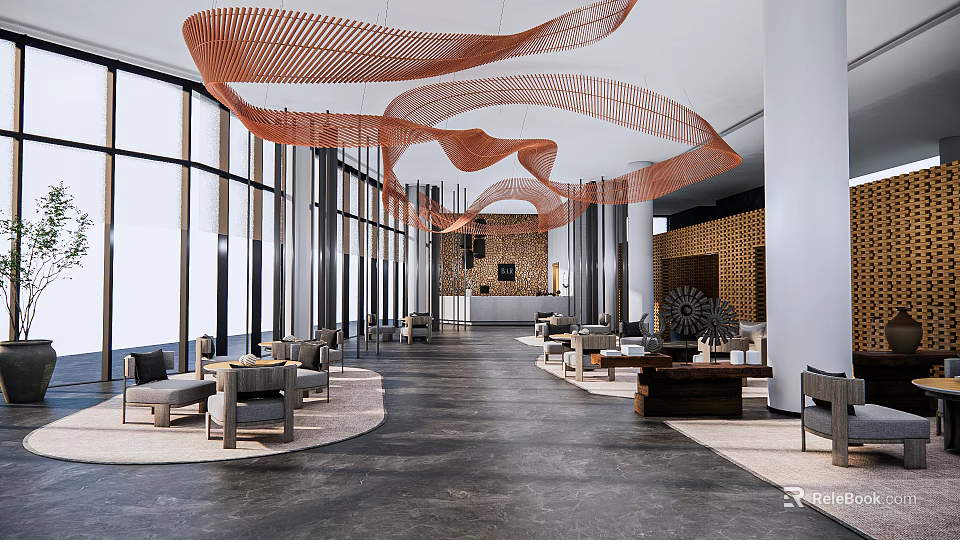 Spacious Lounge Area With Orange Woven Decorations Large Windows Long Corridor And Comfortable Sofas Tables 3d model 