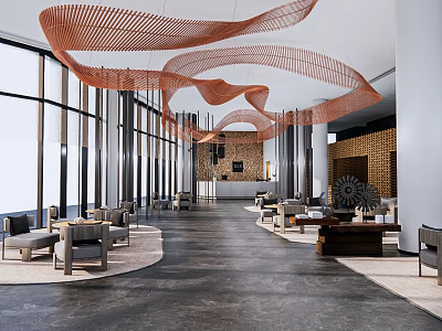 Spacious Lounge Area With Orange Woven Decorations Large Windows Long Corridor And Comfortable Sofas Tables 3d model