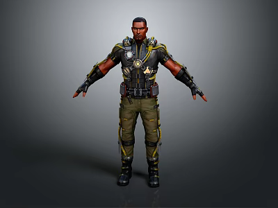 Game Film Character In Tactical Military Outfit With Black Green Armor And Yellow Accents 3d model