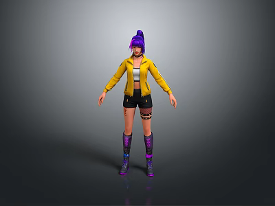 3D Character Design With Purple Hair Yellow Jacket Black Shorts And Purple Boots 3d model