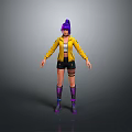 3D Character Design With Purple Hair Yellow Jacket Black Shorts And Purple Boots