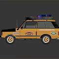 Yellow Vintage Off Road SUV With Copper Logo Roof Rack And Storage Boxes