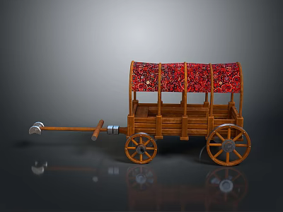 Vintage Wooden Carriage With Red Patterned Canopy And Spoked Wheels 3d model