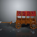 Vintage Wooden Carriage With Red Patterned Canopy And Spoked Wheels