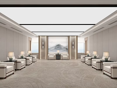 Elegant Hotel Public Lounge Area With Symmetric White Sofas Landscape Painting And Light Carpet 3d model