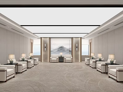 Elegant Hotel Public Lounge Area With Symmetric White Sofas Landscape Painting And Light Carpet 3d model