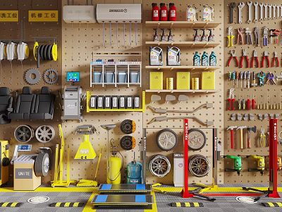 Organized Hardware Tools Workshop With Pegboard Storage Racks And Various Equipment 3d model