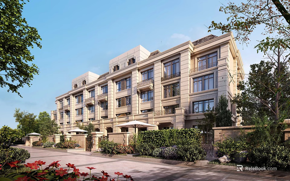 Luxurious Three Story Townhouse With Stone Facade Lush Greenery And Large Windows 3d model 