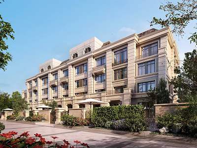 Luxurious Three Story Townhouse With Stone Facade Lush Greenery And Large Windows 3d model