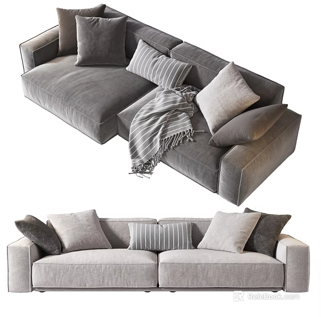 Gray Two-Seater Fabric Sofa with Striped and Solid Cushions and Throw Blanket for Living Room 3d model 